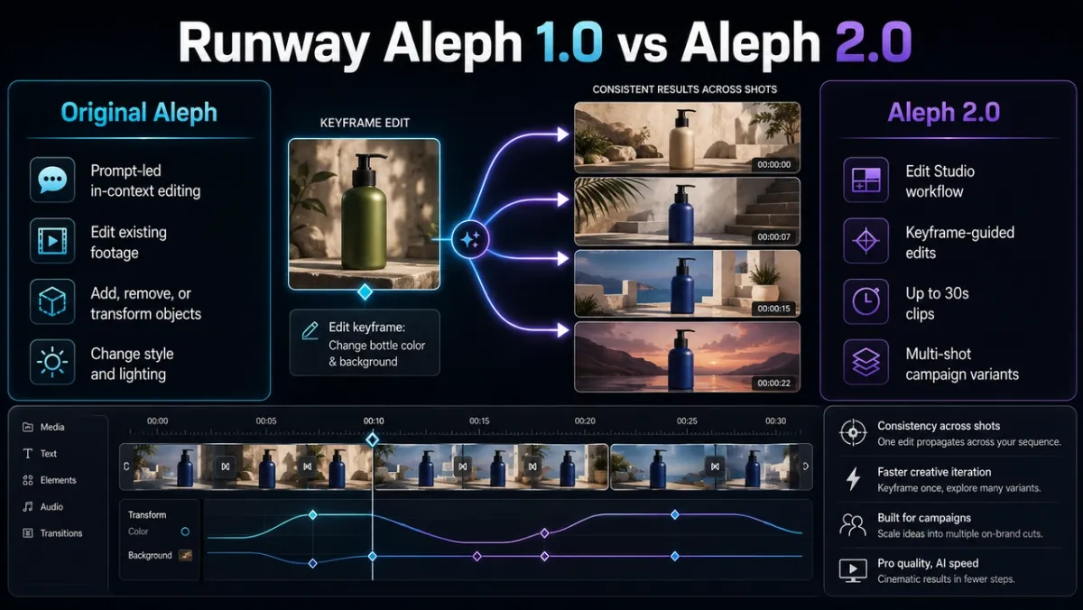 Runway Aleph 1.0 versus Aleph 2.0 comparison graphic showing the shift from prompt-led in-context video editing to Edit Studio keyframe-guided video editing, with timeline frames, localized object edits, background changes, and multi-shot continuity