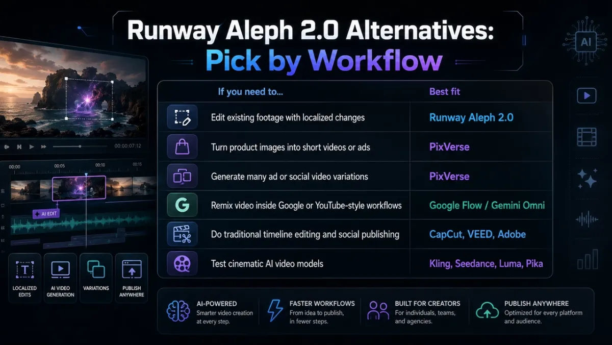 Runway Aleph 2.0 alternatives decision map: edit existing footage with localized changes using Runway Aleph 2.0; turn product images into short videos or ads with PixVerse; generate many ad or social video variations with PixVerse; remix video inside Google or YouTube-style workflows with Google Flow or Gemini Omni; do traditional timeline editing and social publishing with CapCut, VEED, or Adobe; test cinematic AI video models with Kling, Seedance, Luma, or Pika
