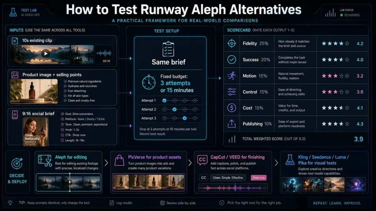 Runway Aleph 2.0 alternatives testing framework with three controlled inputs (a 10-second clip, product image with selling points, and 9:16 social brief), one shared brief and a fixed budget of three attempts or fifteen minutes, a weighted scorecard for Fidelity 25%, Success 20%, Motion 15%, Control 15%, Cost 15%, and Publishing 10%, and a decide-and-deploy panel mapping Aleph for editing, PixVerse for product assets, CapCut and VEED for finishing, and Kling, Seedance, Luma, and Pika for visual tests