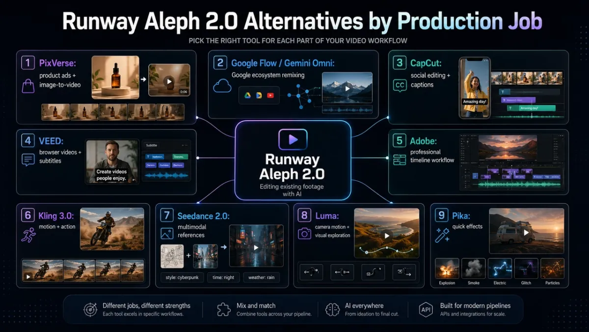 Runway Aleph 2.0 alternatives tool landscape showing PixVerse for product ads and image-to-video, Google Flow for Google ecosystem remixing, CapCut and VEED for social editing, Adobe for professional timeline workflows, Kling and Seedance for cinematic motion, Luma for camera exploration, and Pika for quick effects