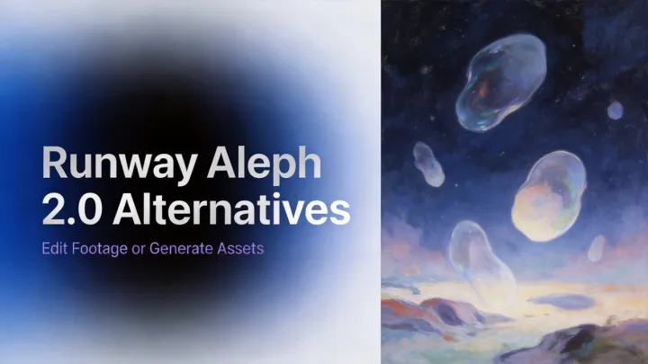 Coverbild des Artikels zu Runway Aleph 2.0 Alternativen mit dem Untertitel Edit Footage or Generate Assets vor einem dunklen, kosmischen Blasen-Kunsthintergrund