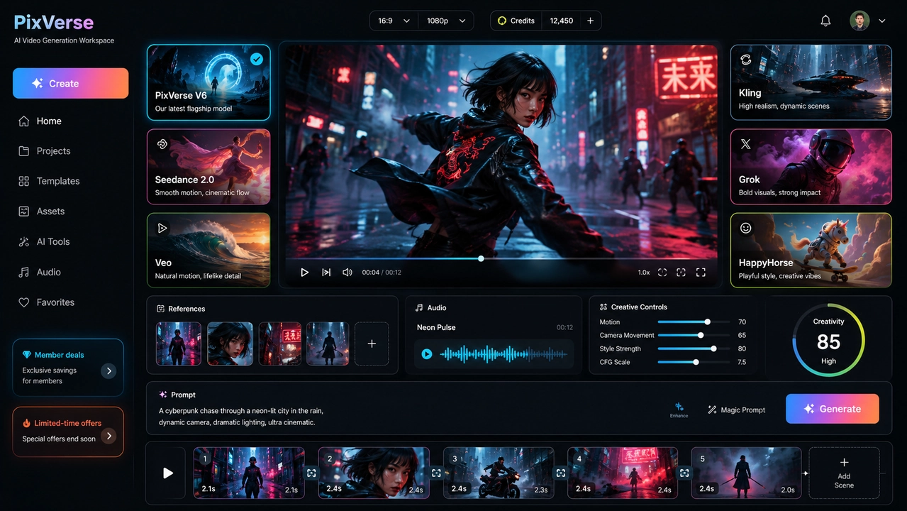 ruang kerja video AI Seedance 2.5 dengan kawalan gesaan dan rujukan