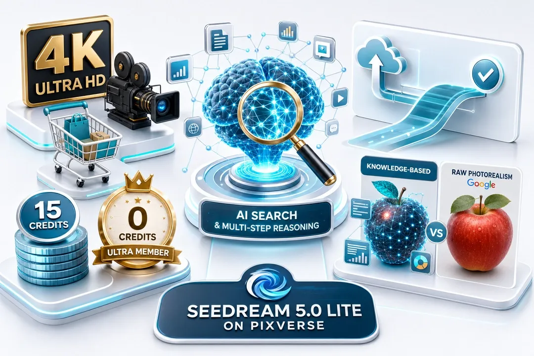 Infográfico: Seedream 5.0 Lite no PixVerse — 4K Ultra HD, fluxos cinema e e-commerce, atualizações transparentes, busca IA e raciocínio multi-etapas, saída baseada em conhecimento vs fotorrealismo, 15 créditos ou 0 créditos Ultra.