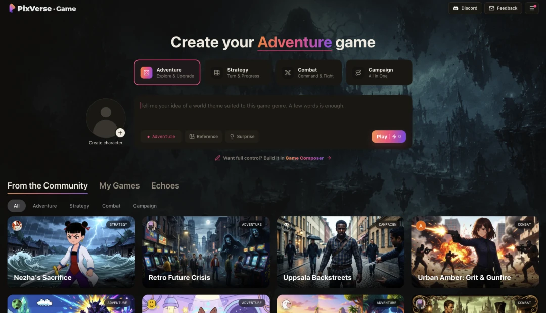 Bir macera oyunu oluşturmak için PixVerse Game arayüzü.