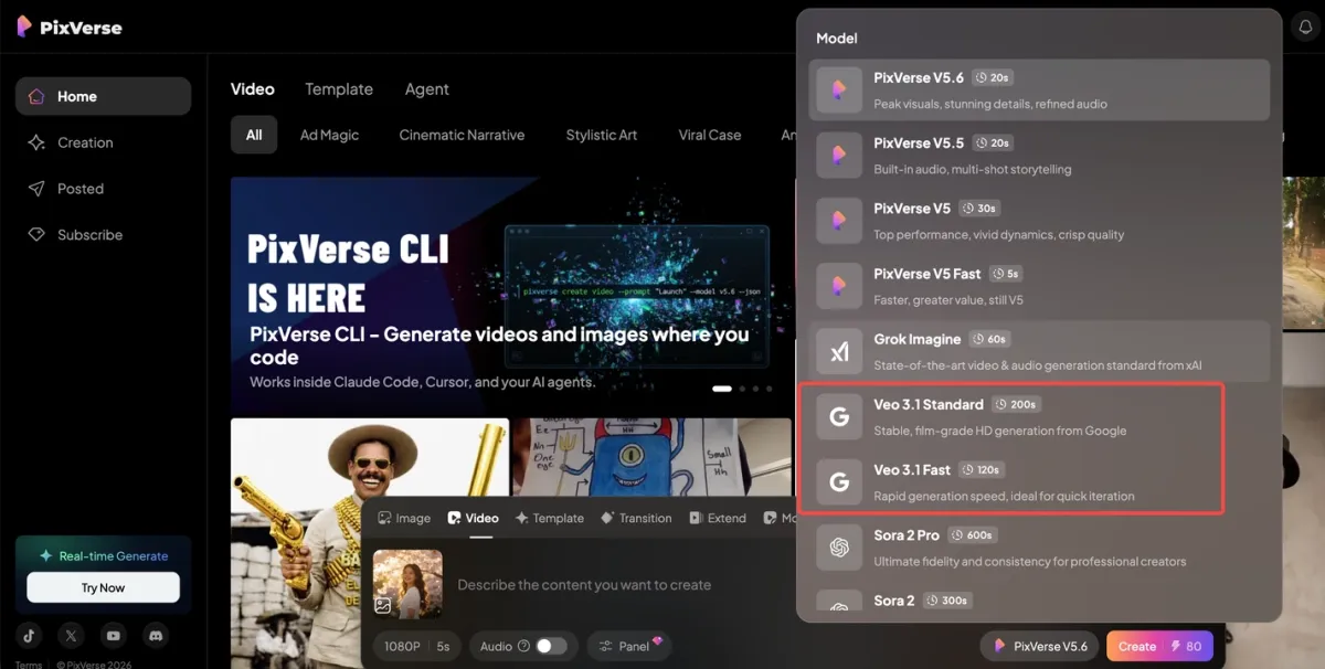 Veo is available on PixVerse