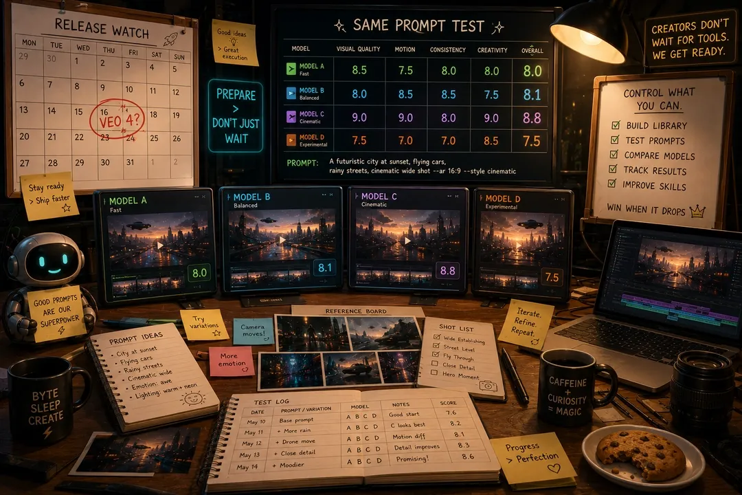 โต๊ะเตรียมพร้อม Veo 4 release — เปรียบเทียบโมเดลวิดีโอ AI ด้วย prompt เดียวกัน ไลบรารี prompt และการทดสอบ benchmark ก่อนเปิดตัว