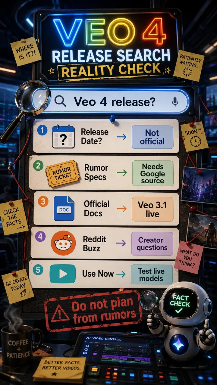 Veo 4 release search reality check infographic with five panels: release date not official, rumor specs need Google source, Veo 3.1 docs live, Reddit creator questions, test live models now