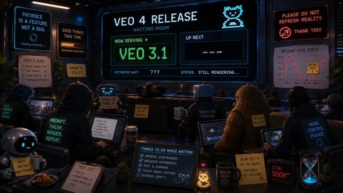 ห้องรอ Veo 4 release — ครีเอเตอร์วิดีโอ AI และหุ่นยนต์ต่อคิว Veo 3.1 ขณะ Veo 4 ยังเรนเดอร์อยู่