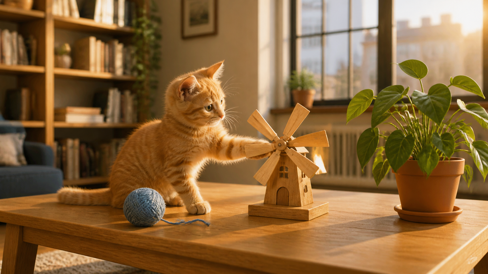 Orange tabby kitten, windmill, yarn ball, and houseplant in a warm sunlit apartment