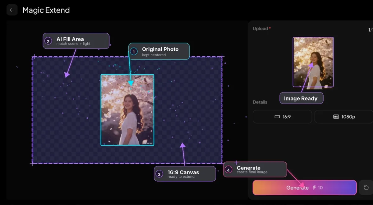 Magic Extend 第 2 步:16:9 画布、AI 填充区域与生成设置标注截图