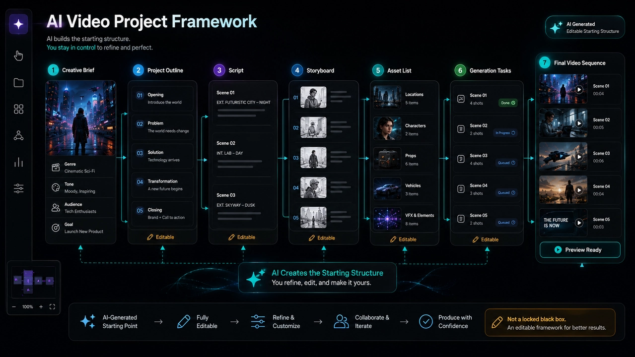 AI-generated na editable project framework sa loob ng PixVerse Canvas, na nagsasanga mula sa creative brief patungo sa outline, script, storyboard, asset, generation task, at final video sa dark UI workspace