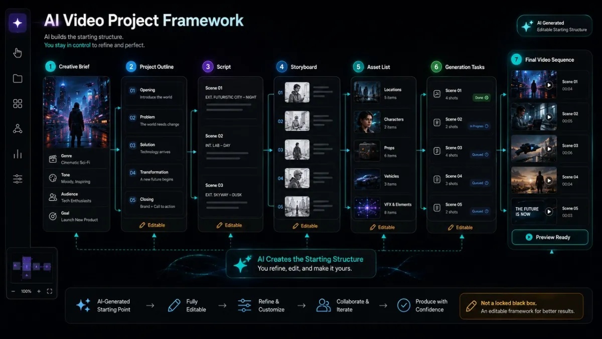 AI-generated editable project framework inside PixVerse Canvas, branching from a creative brief into outline, script, storyboard, assets, generation tasks, and final video on a dark UI workspace