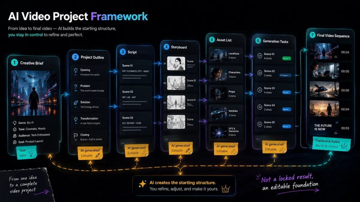 AI video project framework in PixVerse Canvas showing creative brief, project outline, script, storyboard, asset list, generation tasks, and final video sequence as connected editable steps on a dark UI canvas