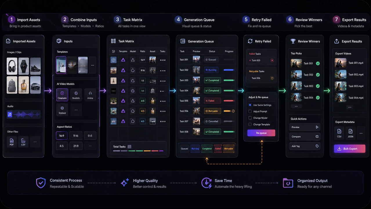 Batch AI video generation workflow na nagpapakita ng mga asset, template, model, aspect ratio, task matrix, visual queue, retry, review, at bulk export sa PixVerse Canvas