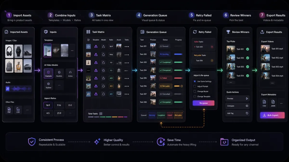 Batch AI video generation workflow showing assets, templates, models, aspect ratios, task matrix, visual queue, retry, review, and bulk export in PixVerse Canvas