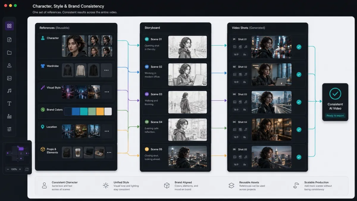Character and brand consistency workflow showing reusable reference cards connected to multiple storyboard and video shot nodes across an AI video project