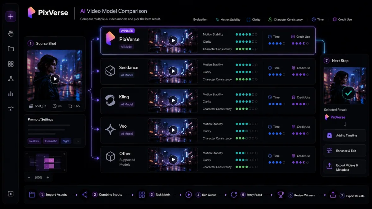 Multi-model AI video comparison workflow showing one source shot connected to PixVerse, Seedance, Kling, Veo, and other model result cards, with one winner promoted to the next step