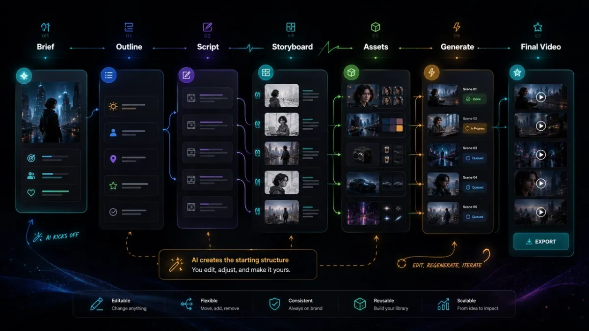 PixVerse Canvas workflow from brief through outline, script, storyboard, and assets to generation and final video export, replacing scattered one-off prompts with a repeatable production pipeline