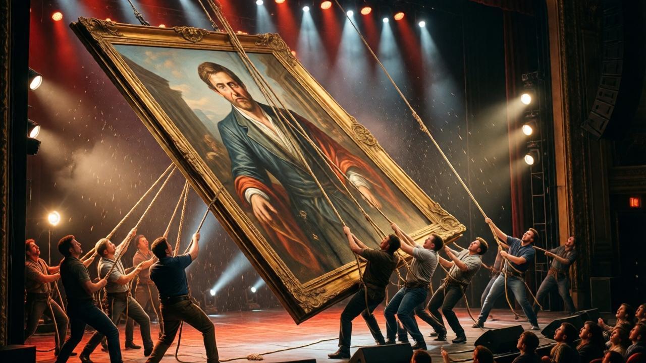 A dynamic, high-angle action shot from above the stage. A massive painted canvas backdrop is caught mid-fall, tilted dangerously, its descent halted by thick ropes held taut by a group of stagehands and actors pulling together. Below, people look up in frozen terror and awe. The lighting is chaotic, with spots and work lights casting dramatic, intersecting beams through dust motes. The mood is one of suspended disaster, collective effort, and last-second heroism, with a color palette of rich stage reds, golds, and deep shadows.
