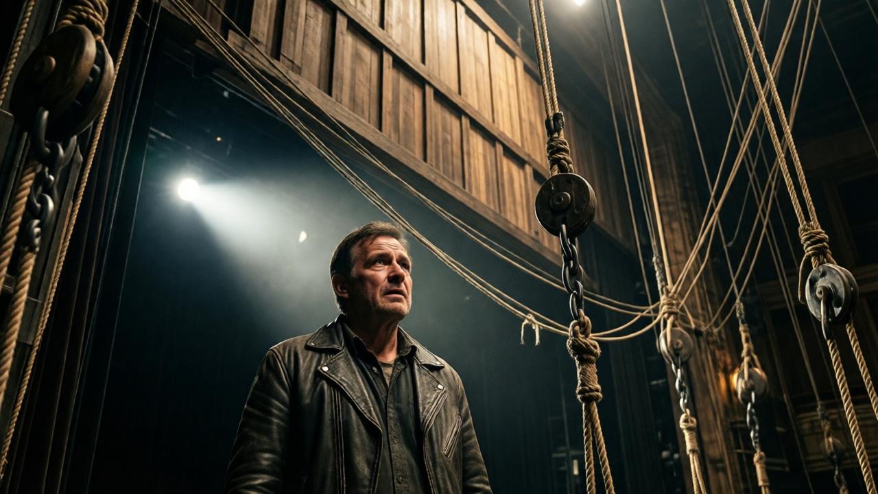 A dramatic, cinematic shot from a low angle in a dark theater backstage. A veteran stagehand in a worn leather jacket stands in the deep shadows of the wings, looking up at a complex web of ropes, pulleys, and a massive wooden backdrop high above. A single harsh work light cuts through the dust-filled air, illuminating the worry on his weathered face and the intricate details of the fly system. The mood is tense, foreboding, and cinematic, with high contrast lighting and a color palette of deep browns, blacks, and amber.