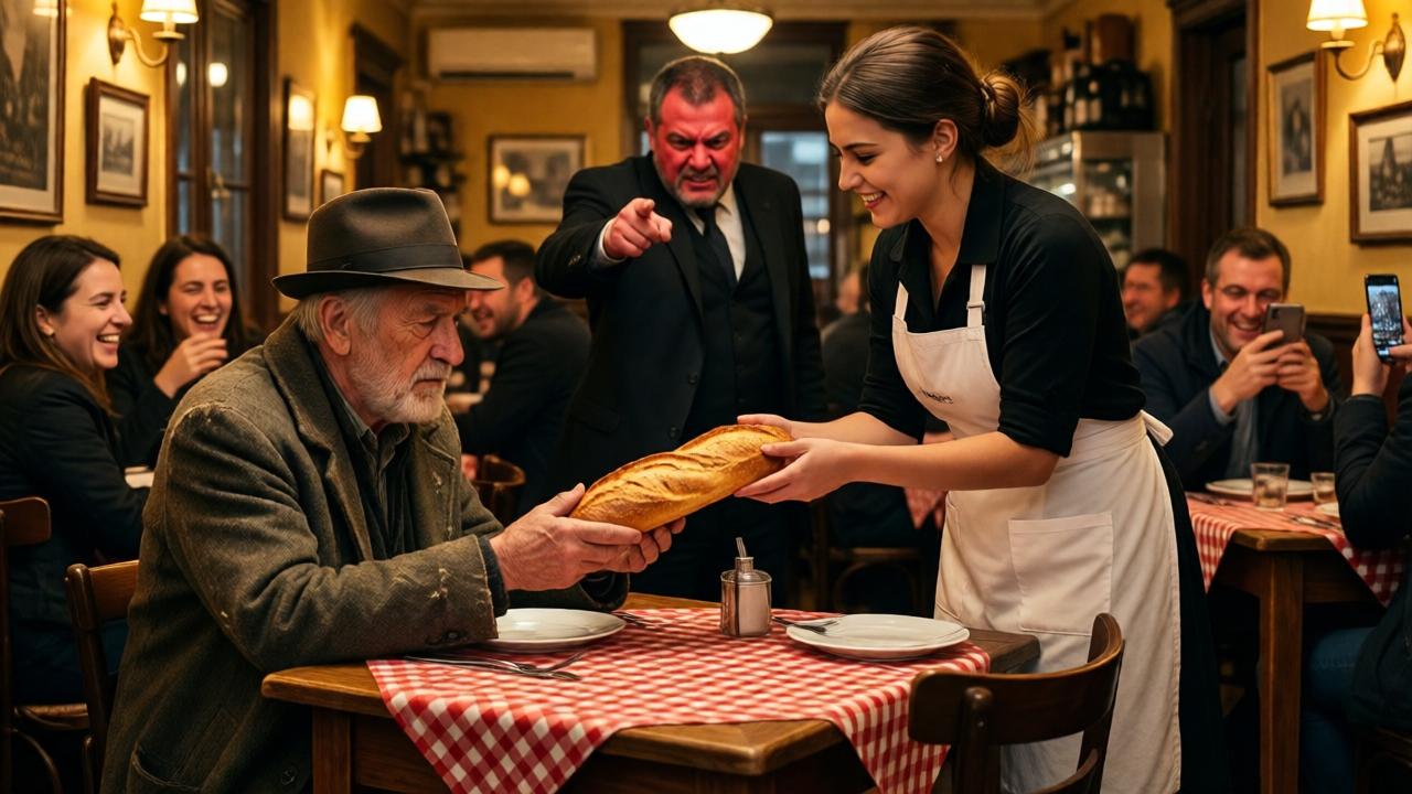 A cozy, dimly lit Italian restaurant interior with wooden tables and red-checkered tablecloths. An elderly man in a shabby coat and hat sits alone, while a young waitress in a white apron hands him a warm baguette. The manager stands in the background, face red with anger, pointing. Other diners laugh and hold up phones. Warm golden lighting, dramatic shadows, cinematic composition, photorealistic style.
