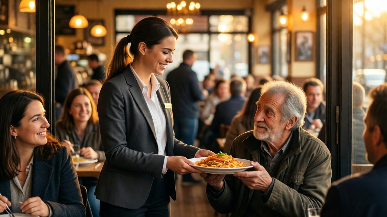A bustling restaurant interior with warm lighting, filled with diverse customers. A young woman manager in a sharp blazer stands by the entrance, smiling as she greets an elderly homeless man holding a plate of pasta. Other diners look on with approving smiles. The atmosphere is welcoming and inclusive. Soft bokeh background, golden hour lighting, photorealistic style, emotional and heartwarming mood.