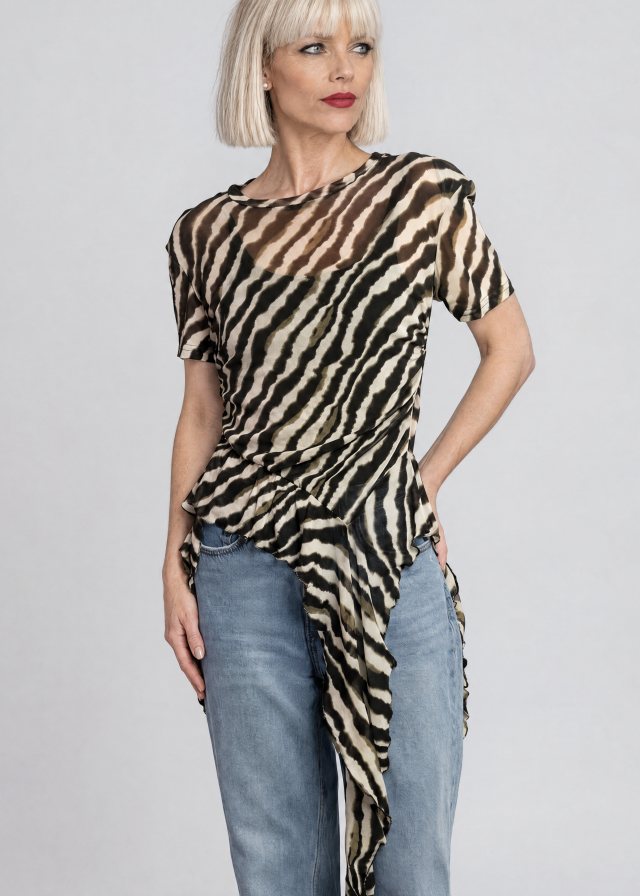 Ingrid wearing Zebra Side Tie Asymmetrical Blouse