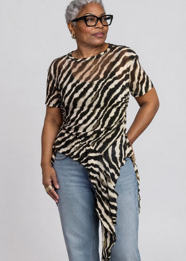 Yvonne wearing Zebra Side Tie Asymmetrical Blouse