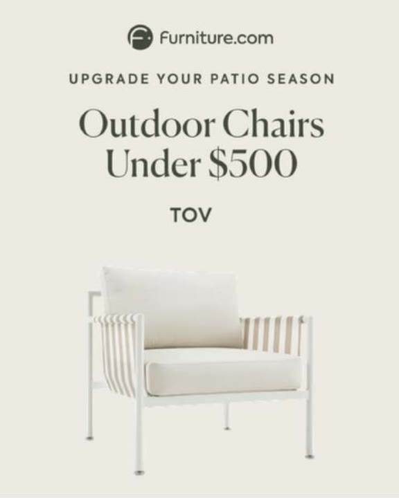 Frame from Furniture.com's live outdoor-chairs price-card ad: a cutout TOV chair on a grey card