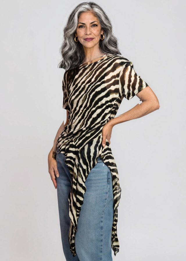Lucía wearing Zebra Side Tie Asymmetrical Blouse