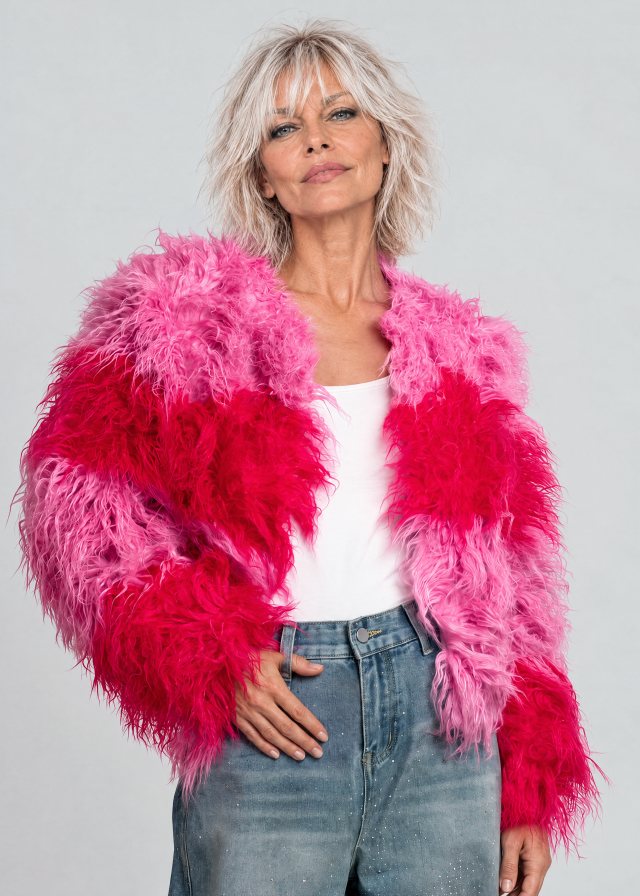 Joan wearing Colorblock Shaggy Faux Fur Jacket