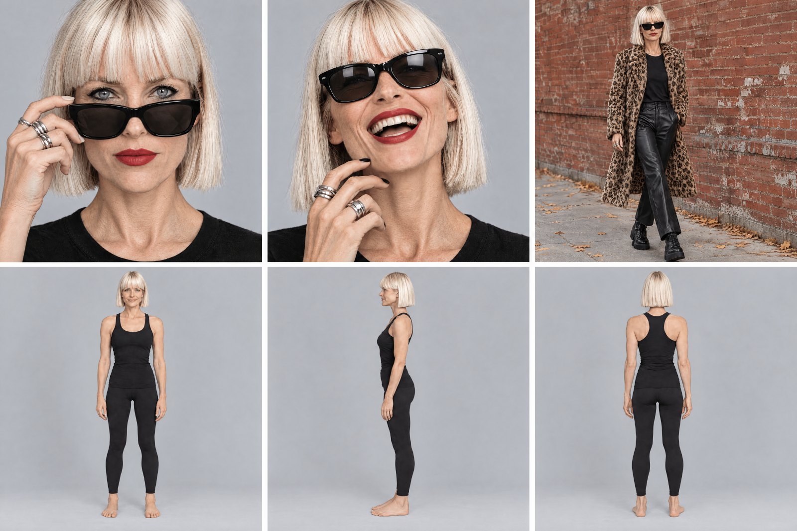 Ingrid reference sheet: portrait, smile, street, and full length front, side and back