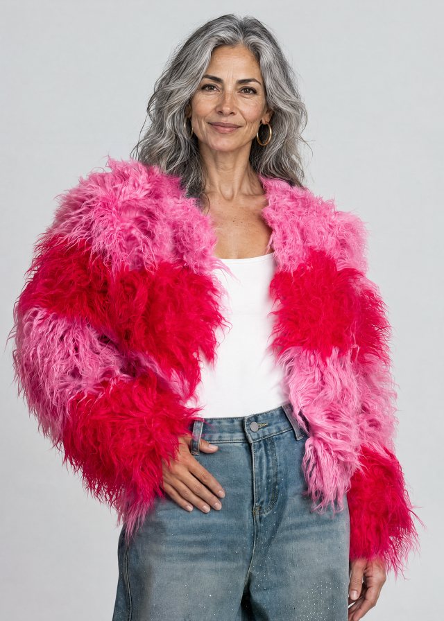 Lucía wearing Colorblock Shaggy Faux Fur Jacket