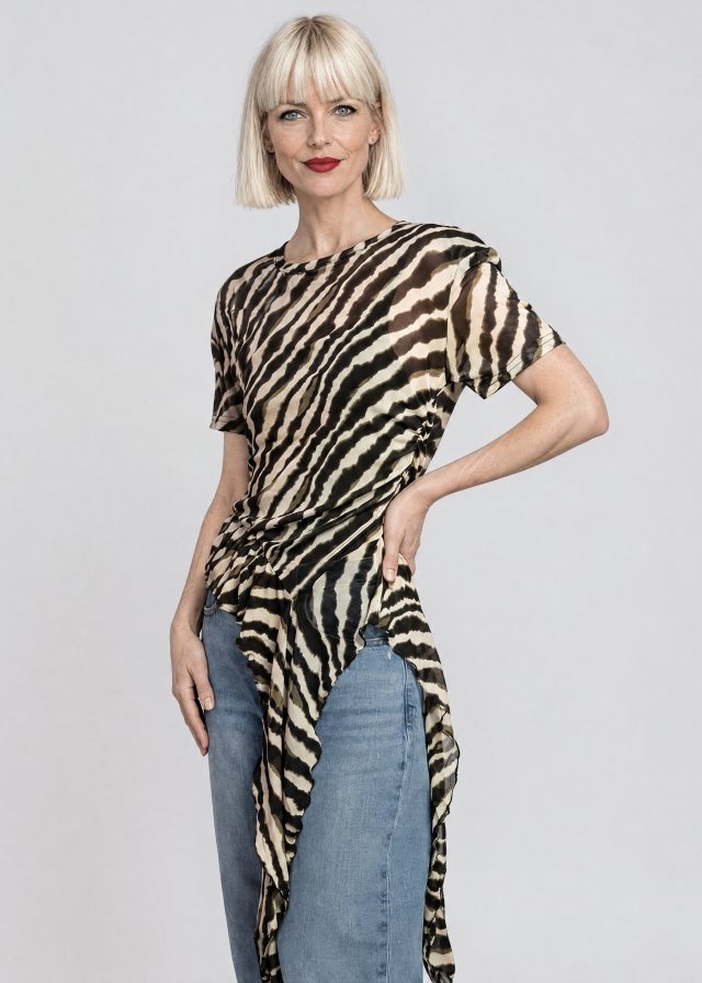 Ingrid wearing Zebra Side Tie Asymmetrical Blouse