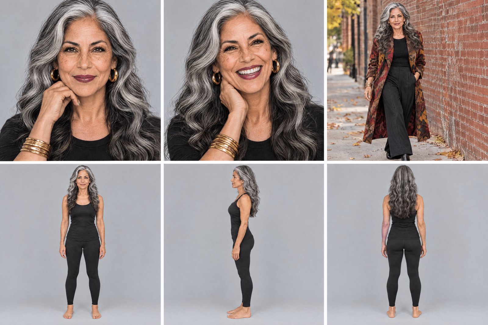 Lucía reference sheet: portrait, smile, street, and full length front, side and back