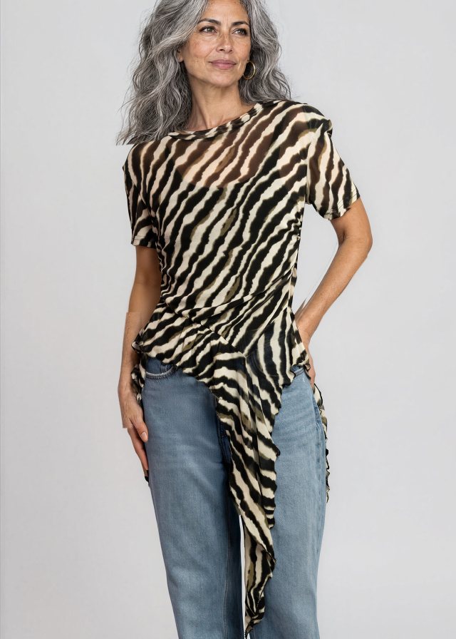 Lucía wearing Zebra Side Tie Asymmetrical Blouse