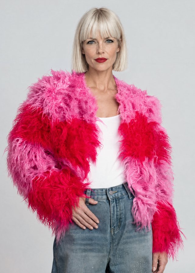 Ingrid wearing Colorblock Shaggy Faux Fur Jacket