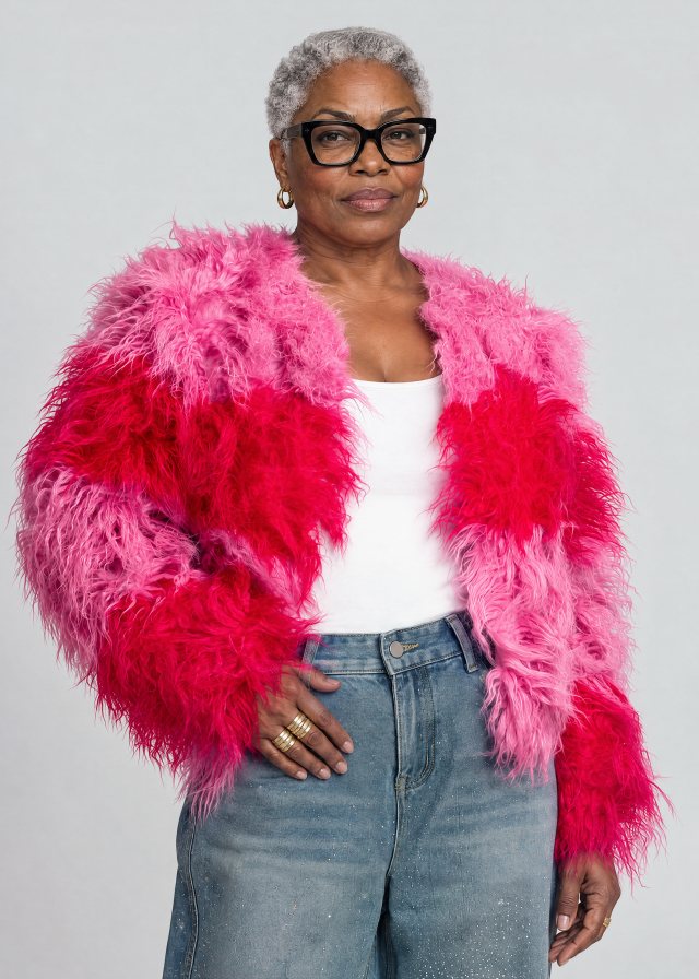 Yvonne wearing Colorblock Shaggy Faux Fur Jacket