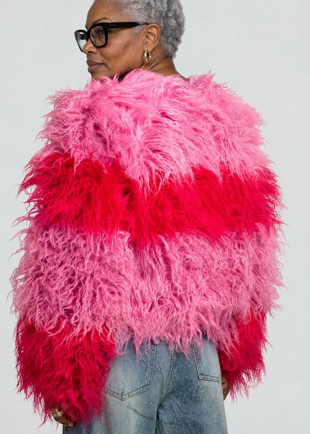 Yvonne, body as photographed, Colorblock Shaggy Faux Fur Jacket, back