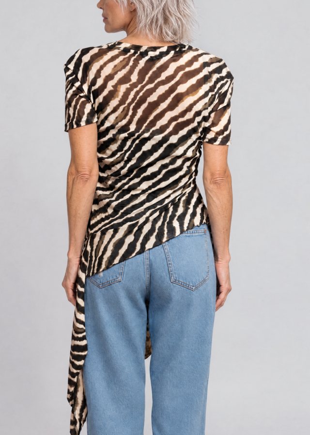 Joan wearing Zebra Side Tie Asymmetrical Blouse, back