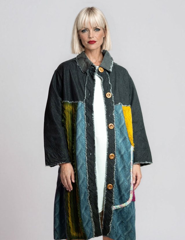 Ingrid wearing Cable Knit Patchwork Denim Trench