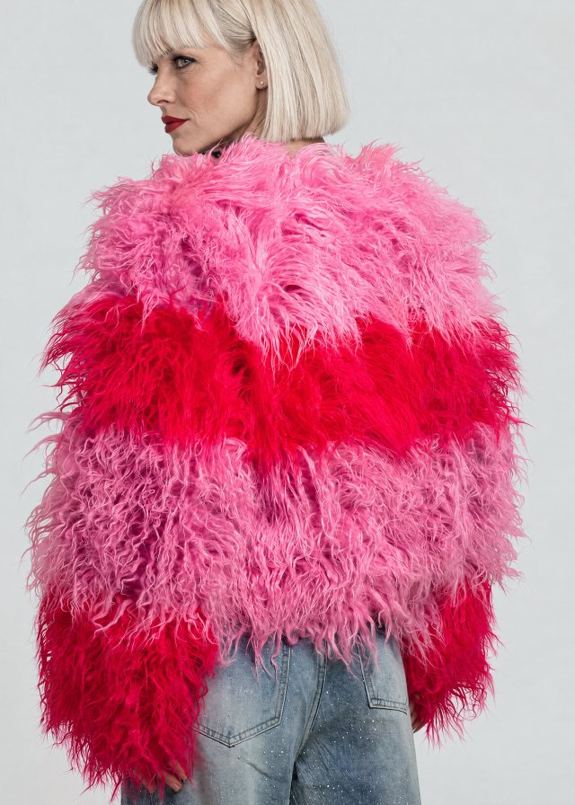 Ingrid wearing Colorblock Shaggy Faux Fur Jacket, back