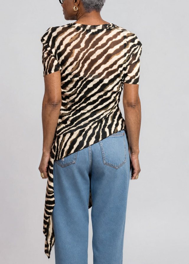 Yvonne, garment-locked swap on the photographed body, Zebra Side Tie Asymmetrical Blouse, back