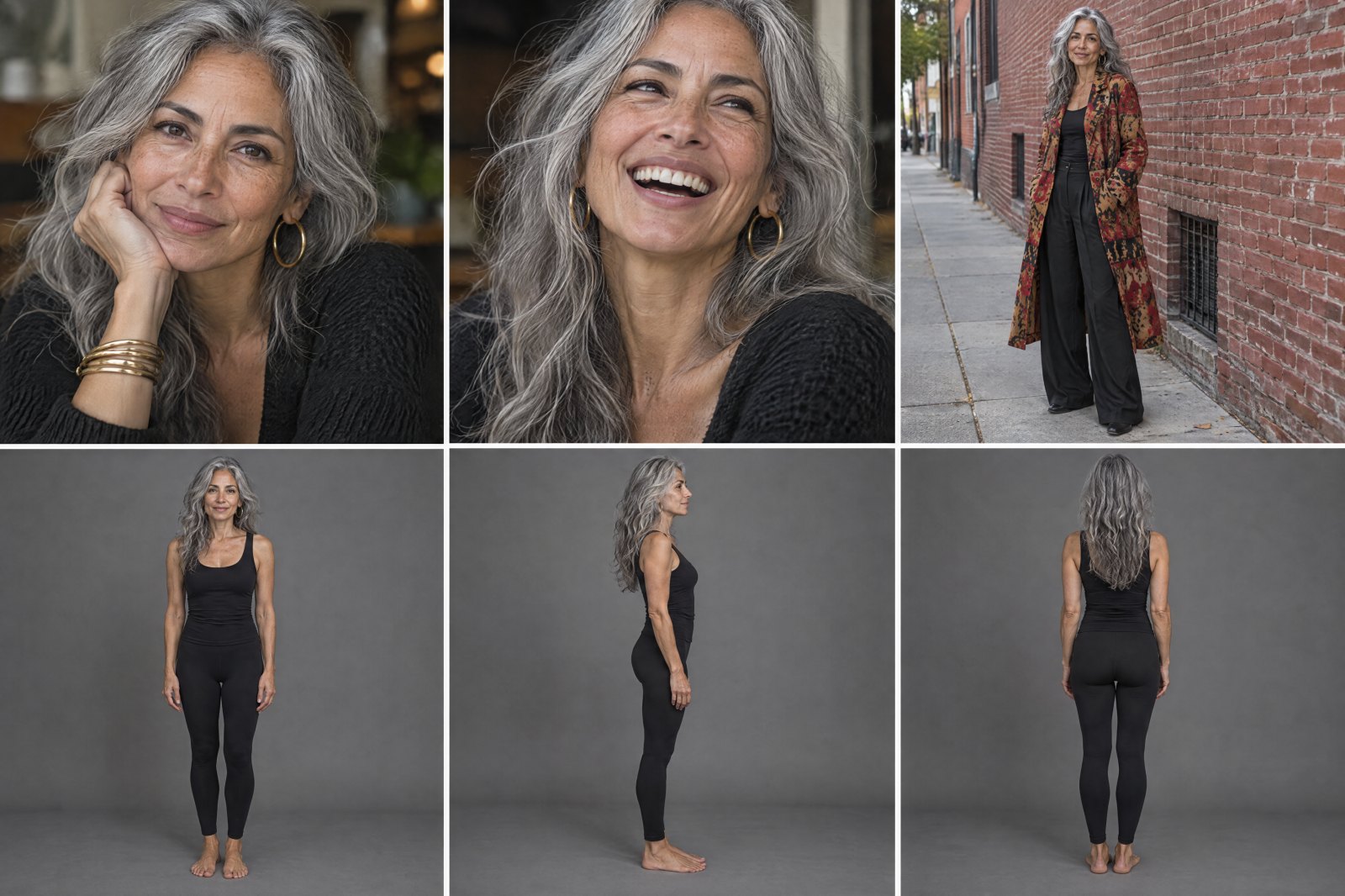Lucía reference sheet: portrait, smile, street, and full length front, side and back