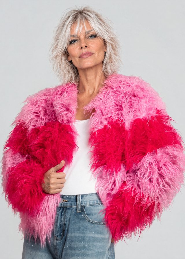 Joan wearing Colorblock Shaggy Faux Fur Jacket