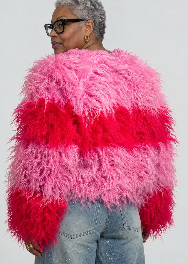 Yvonne wearing Colorblock Shaggy Faux Fur Jacket, back
