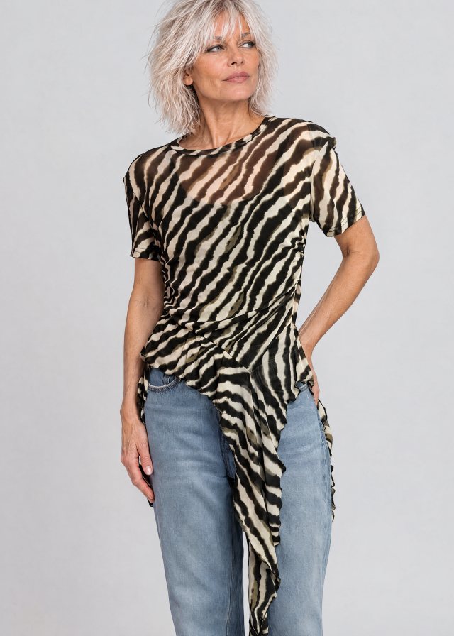 Joan wearing Zebra Side Tie Asymmetrical Blouse