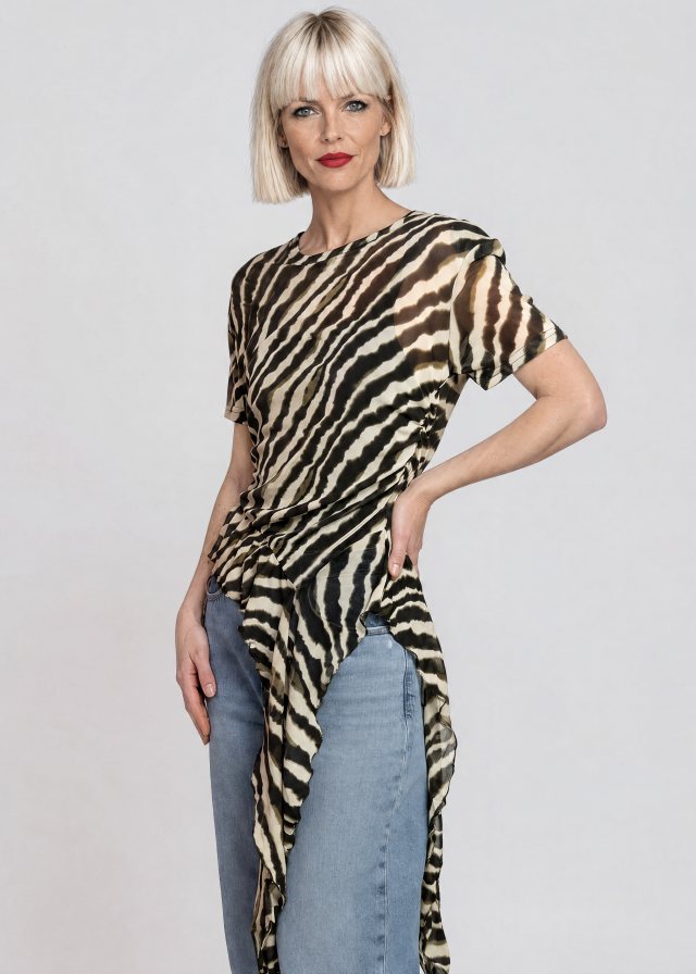 Ingrid wearing Zebra Side Tie Asymmetrical Blouse
