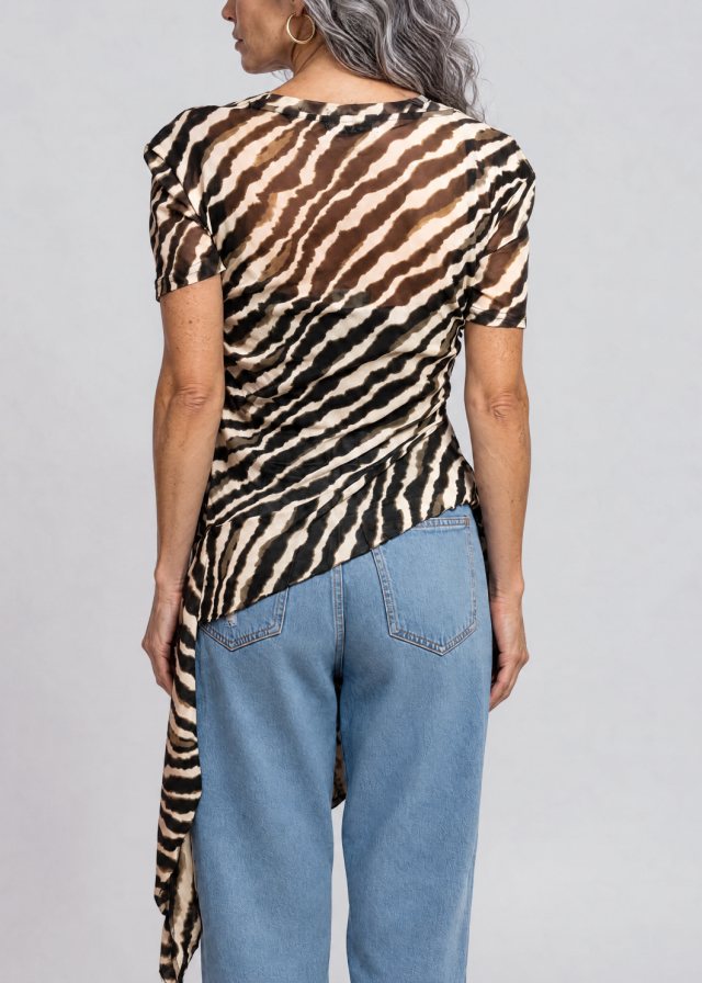Lucía wearing Zebra Side Tie Asymmetrical Blouse, back
