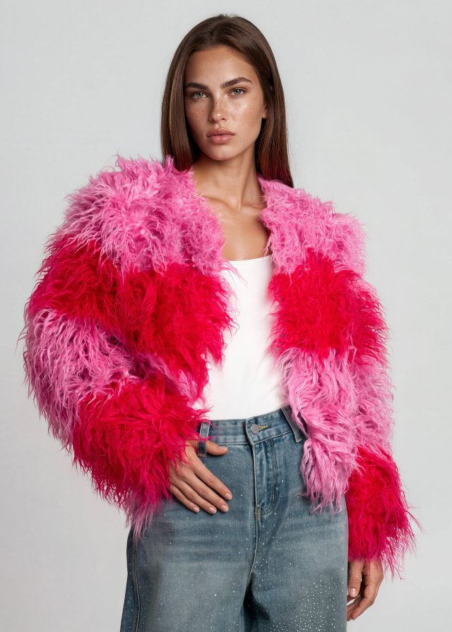 Kate Hewko photo, Colorblock Shaggy Faux Fur Jacket